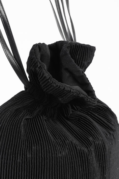 Y's Black Pleated Satin Leather-Drawstring Backpack