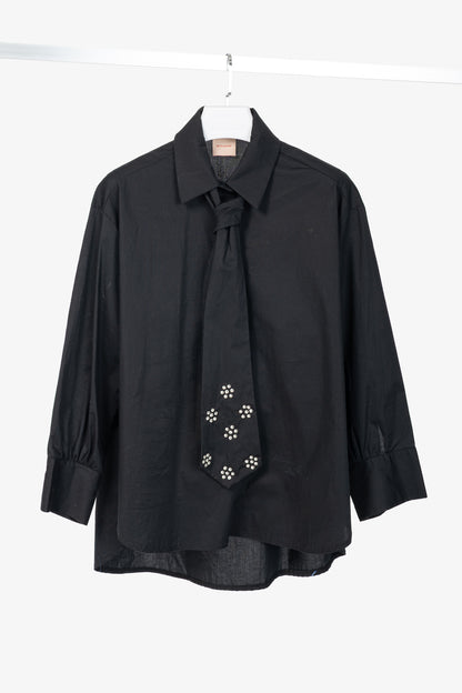 Zeta Otto Black Cotton Poplin Embellished-Tie Buttoned Shirt