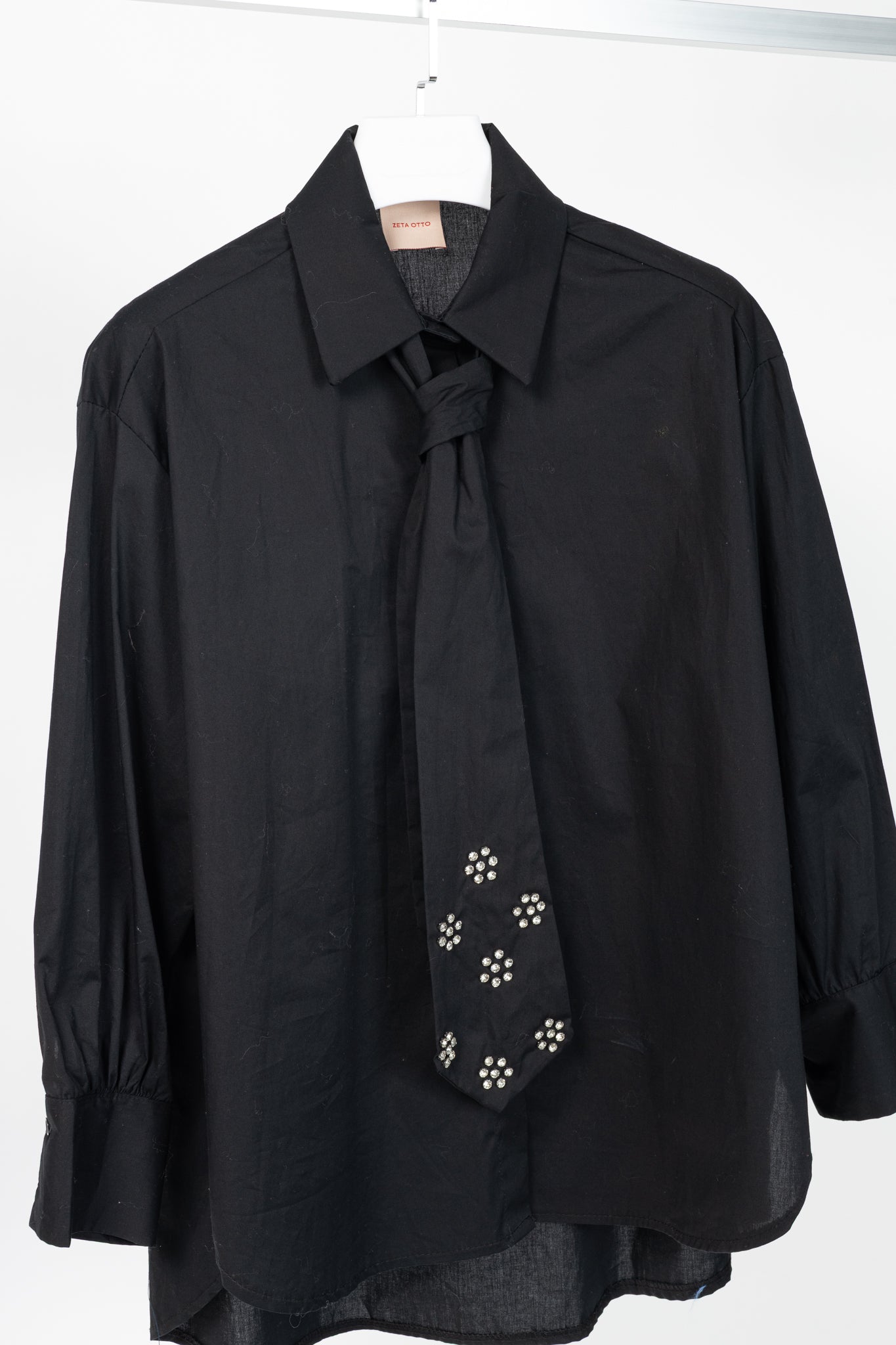 Zeta Otto Black Cotton Poplin Embellished-Tie Buttoned Shirt