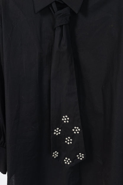 Zeta Otto Black Cotton Poplin Embellished-Tie Buttoned Shirt