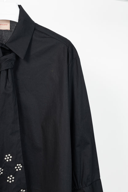 Zeta Otto Black Cotton Poplin Embellished-Tie Buttoned Shirt