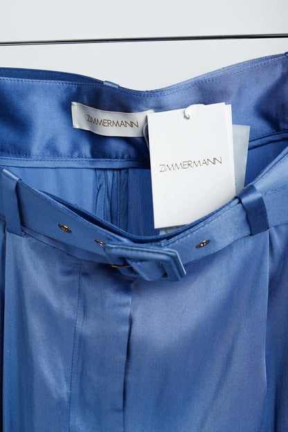 Zimmermann PF/24 Cornflower Belted Charmeuse Silk Tuck Pants