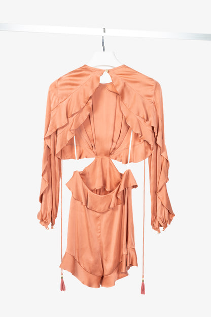Zimmermann Winsome Flutter Guava Silk Ruffle Cutout Playsuit