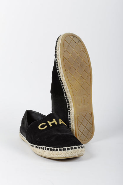 Chanel Black Velvet Logo Espadrilles