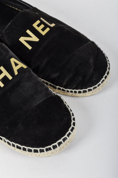 Chanel Black Velvet Logo Espadrilles