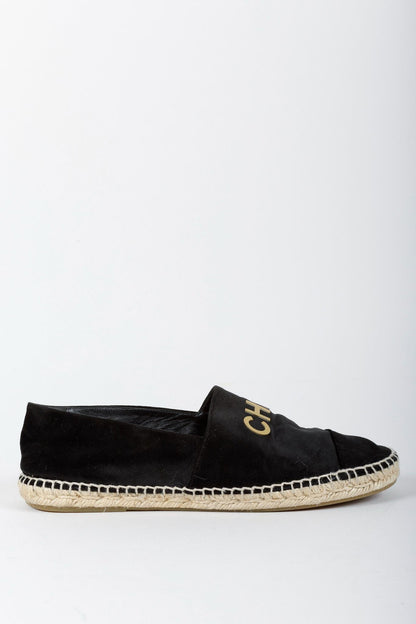 Chanel Black Velvet Logo Espadrilles