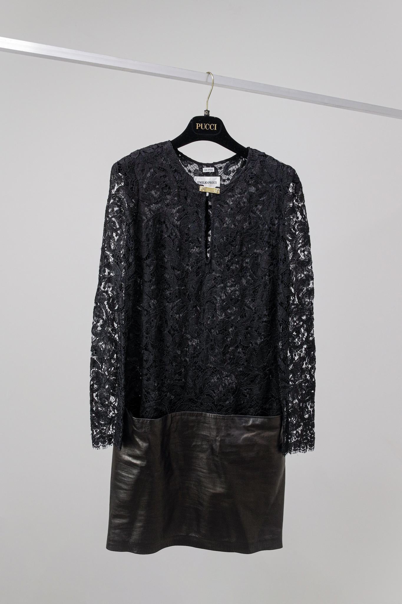 Emilio Pucci Leather and Lace Black Dress