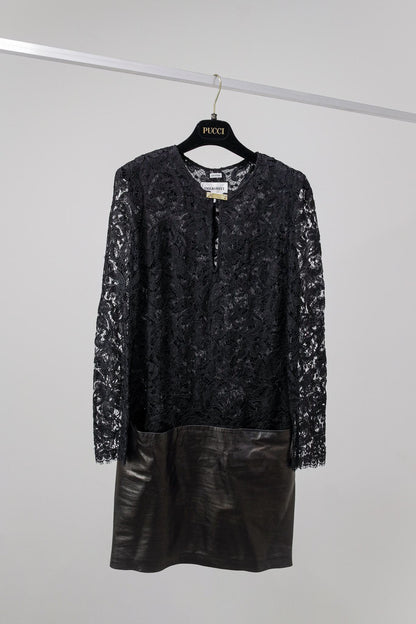 Emilio Pucci Leather and Lace Black Dress