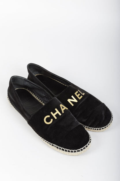 Chanel Black Velvet Logo Espadrilles