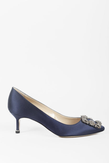 Manolo Blahnik Hangisi Blue Satin Jewel Pumps