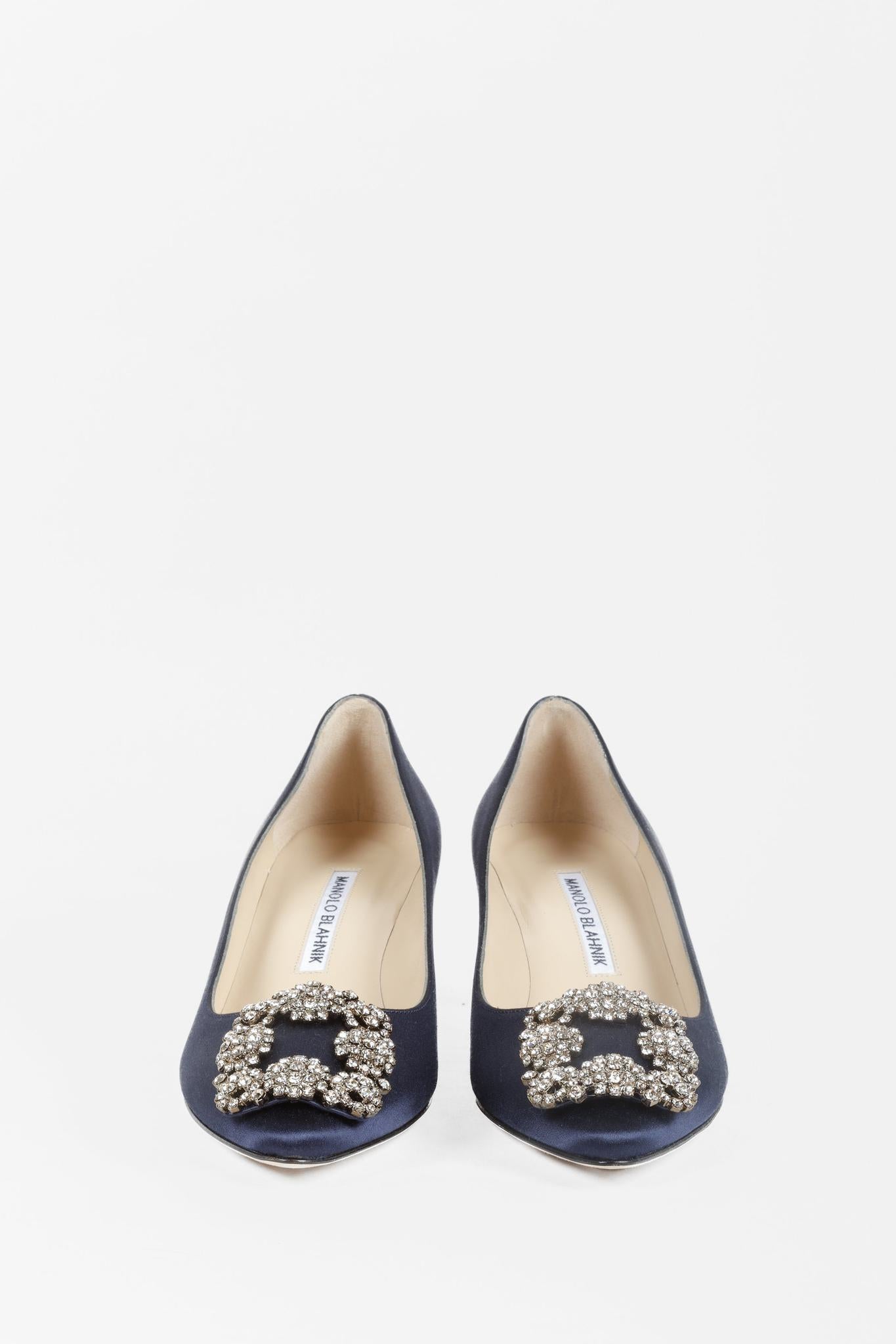 Manolo Blahnik Hangisi Blue Satin Jewel Pumps