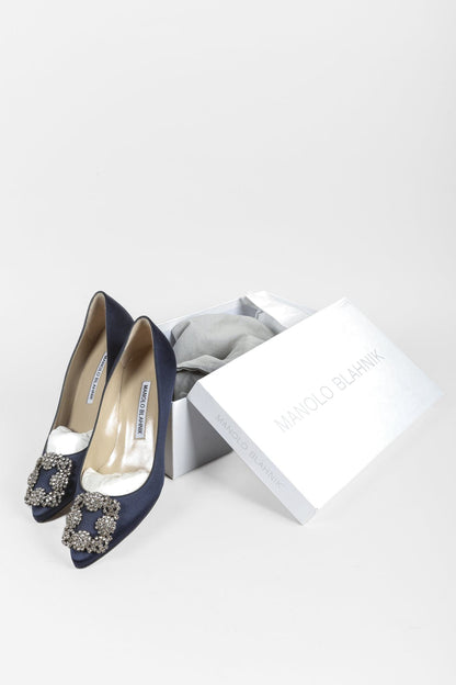 Manolo Blahnik Hangisi Blue Satin Jewel Pumps