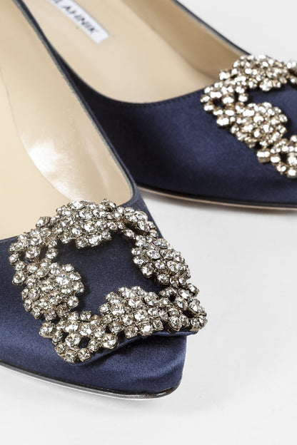 Manolo Blahnik Hangisi Blue Satin Jewel Pumps