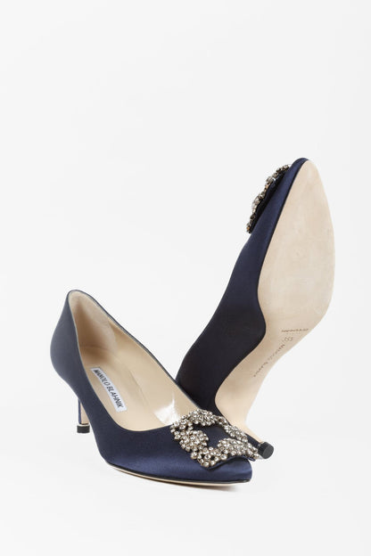 Manolo Blahnik Hangisi Blue Satin Jewel Pumps