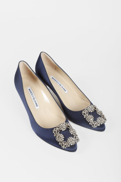 Manolo Blahnik Hangisi Blue Satin Jewel Pumps