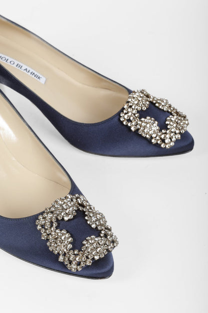 Manolo Blahnik Hangisi Blue Satin Jewel Pumps