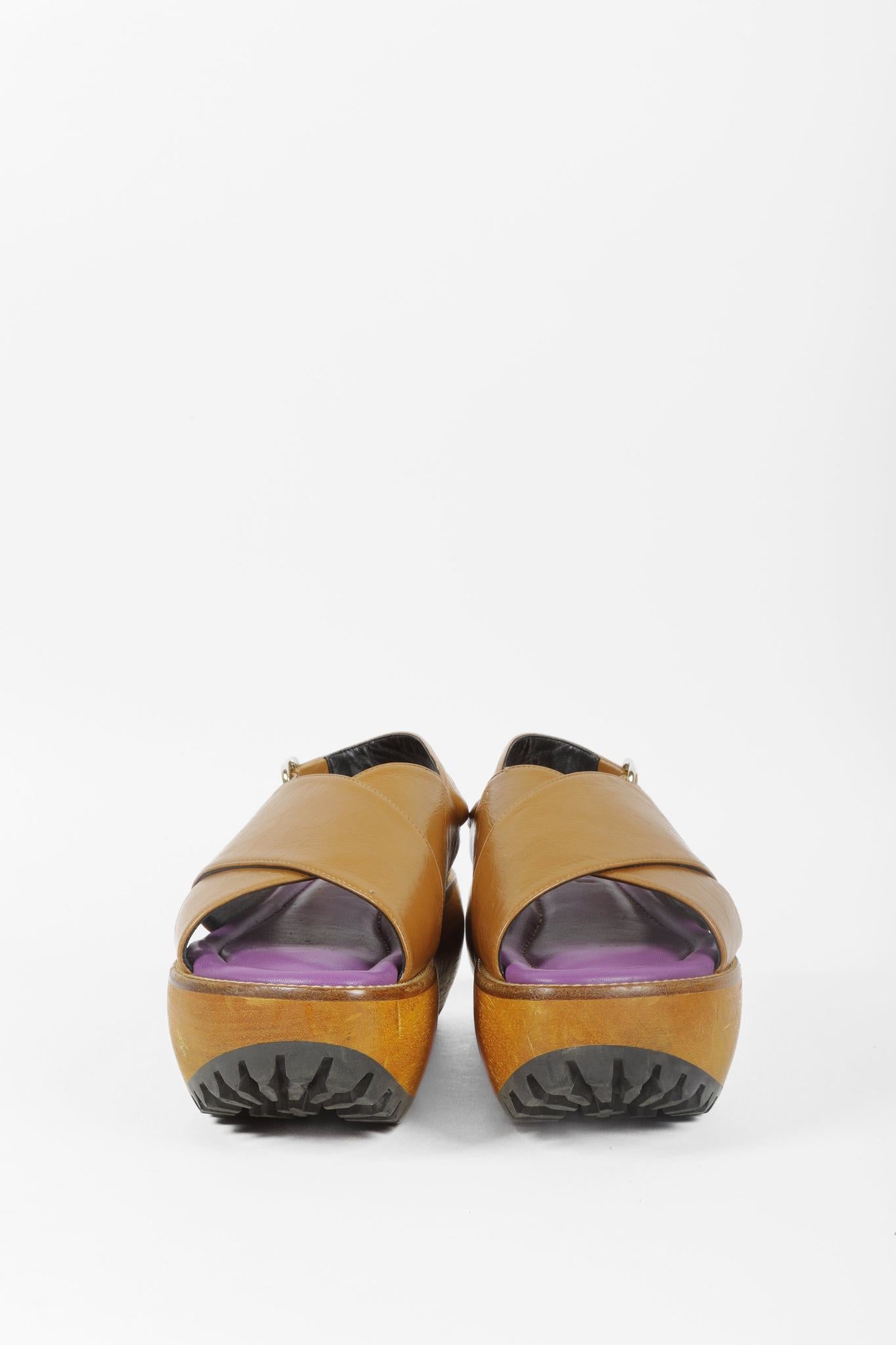 Marni Brown Leather Wooden Platform Slingback Sandal