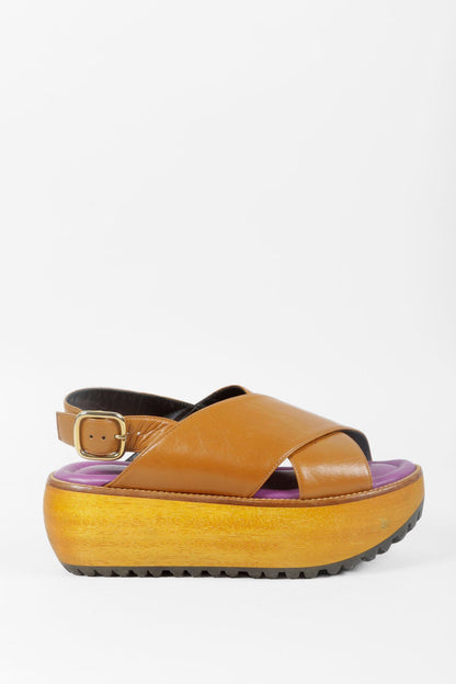 Marni Brown Leather Wooden Platform Slingback Sandal