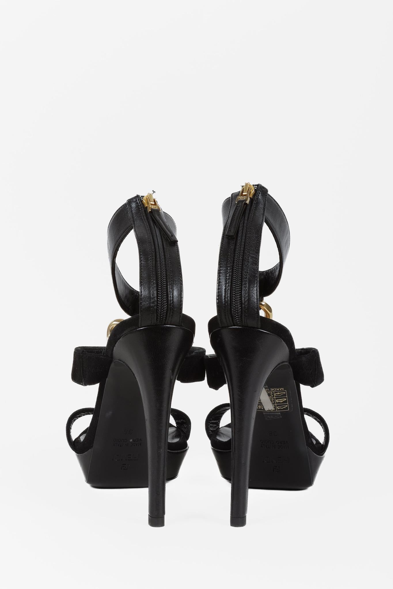 Fendi Black Suede Chain T-Strap Sandals