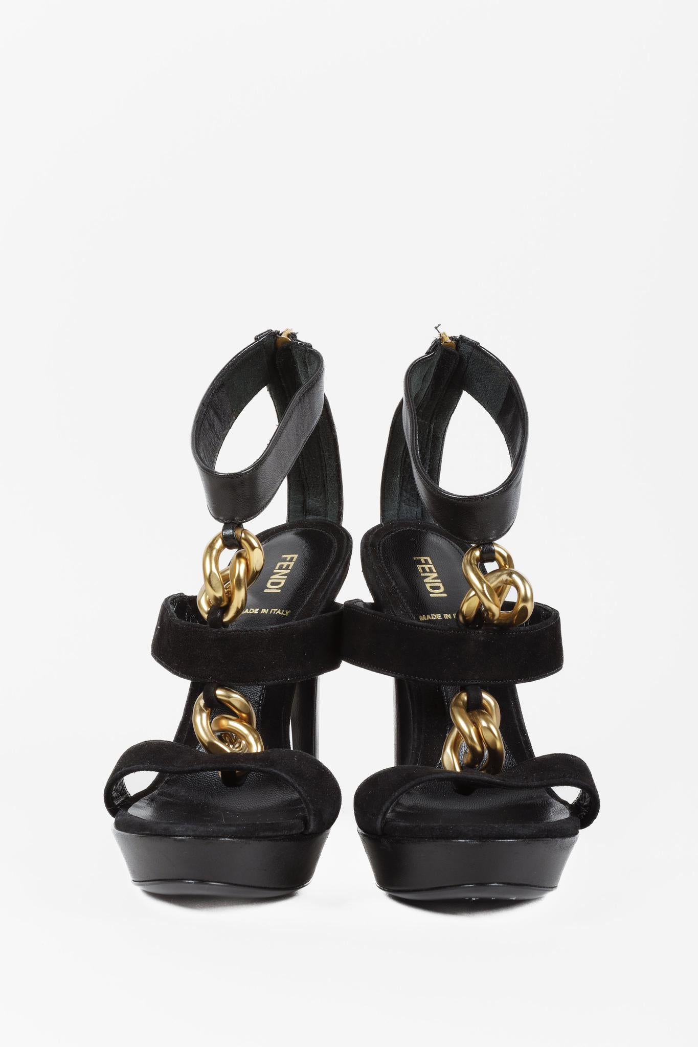 Fendi Black Suede Chain T-Strap Sandals