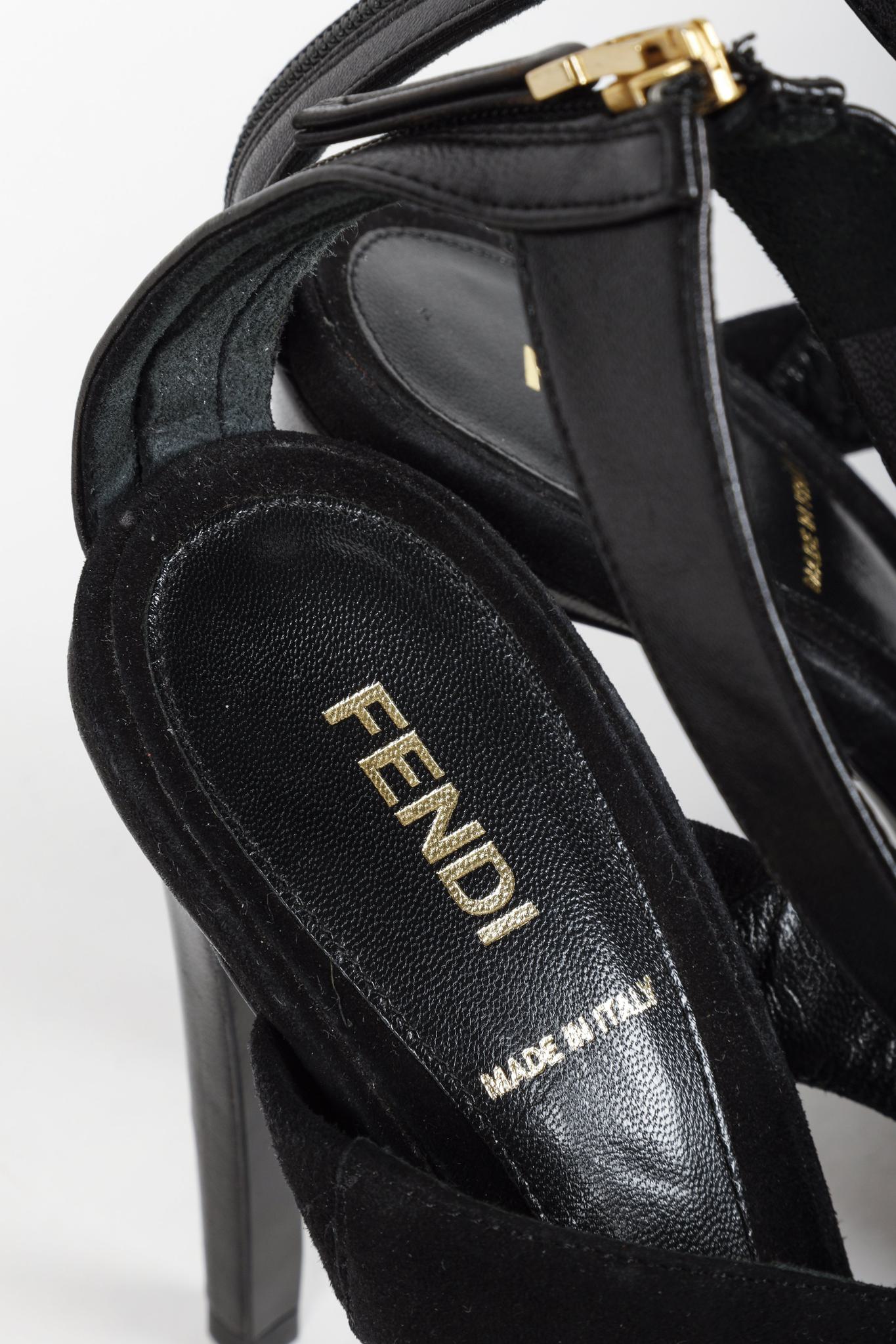 Fendi Black Suede Chain T-Strap Sandals