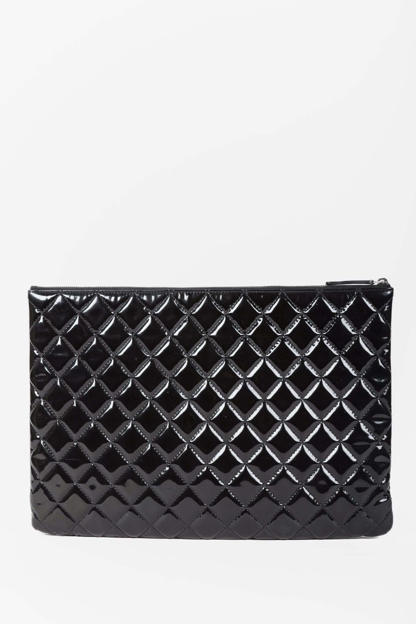 Chanel Quilted Black Patent Leather Large O Case
