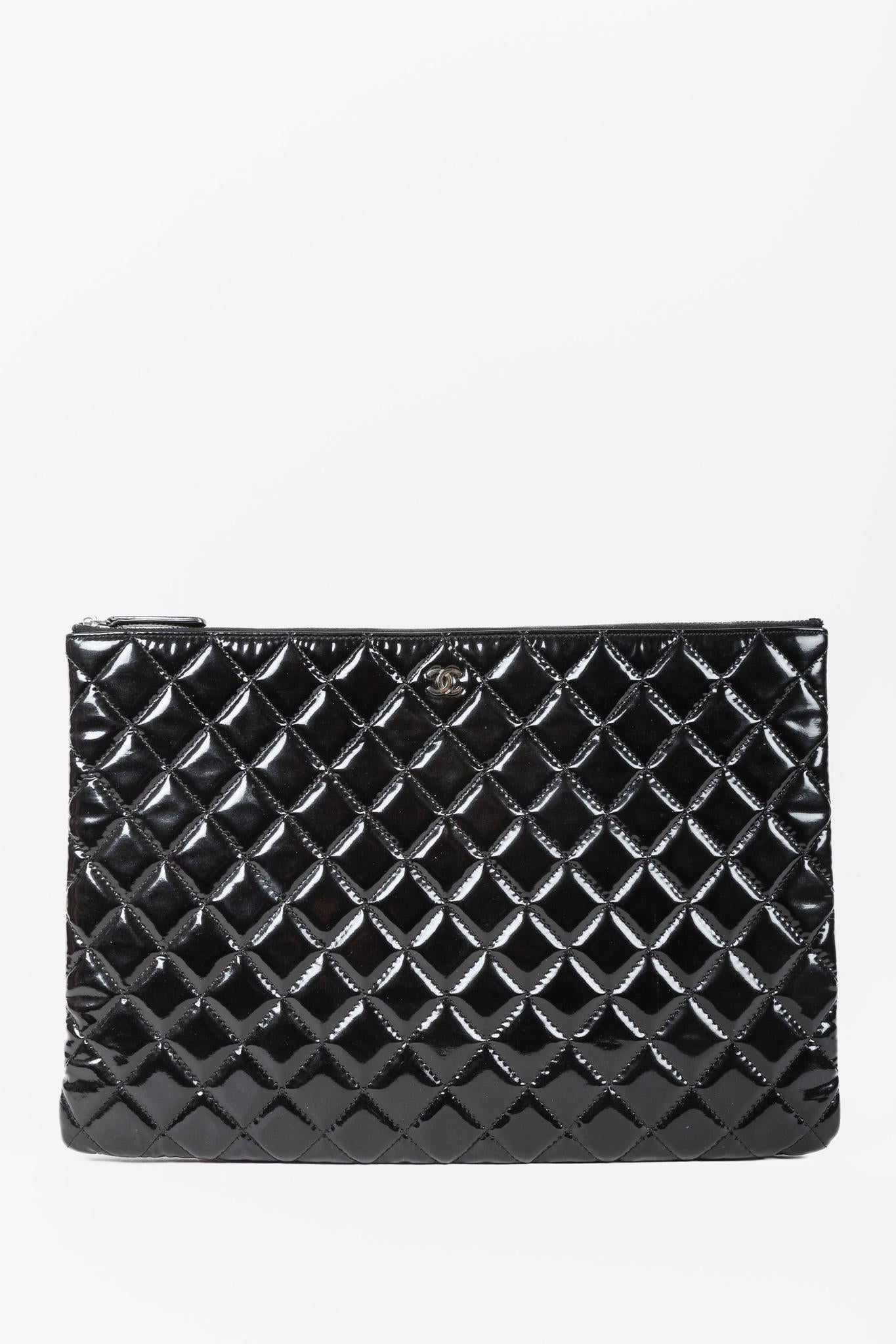 Chanel Quilted Black Patent Leather Large O Case