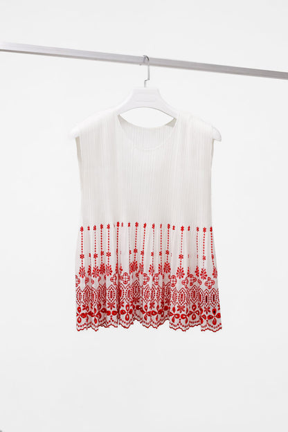 Issey Miyake Pleats Please White Embroidered Tank