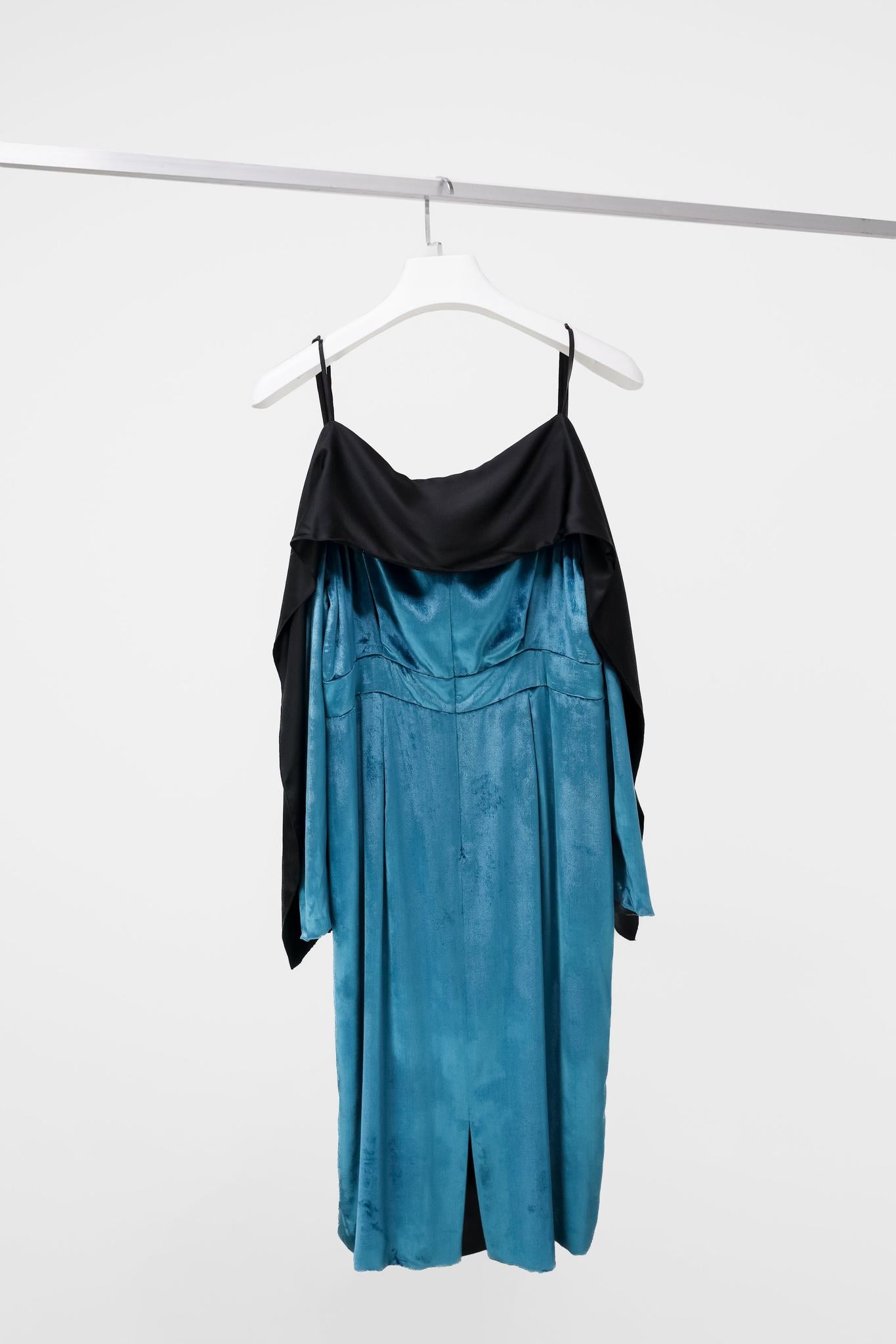 Escada Teal Velvet Cold-Shoulder Dress