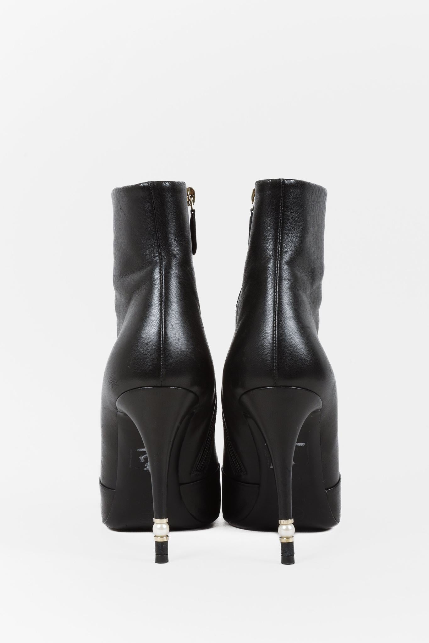 Chanel CC Black Leather Pearl Stiletto Booties