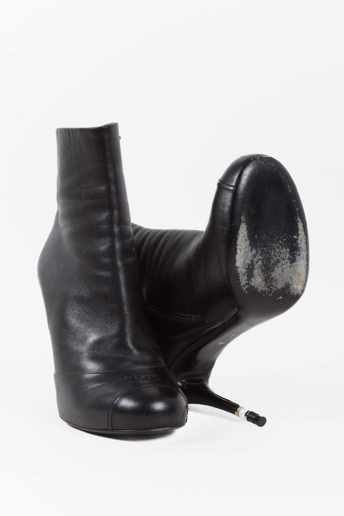 Chanel CC Black Leather Pearl Stiletto Booties