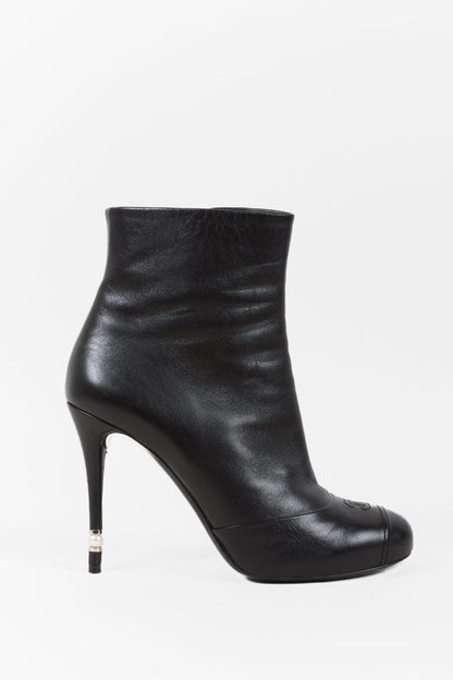 Chanel CC Black Leather Pearl Stiletto Booties