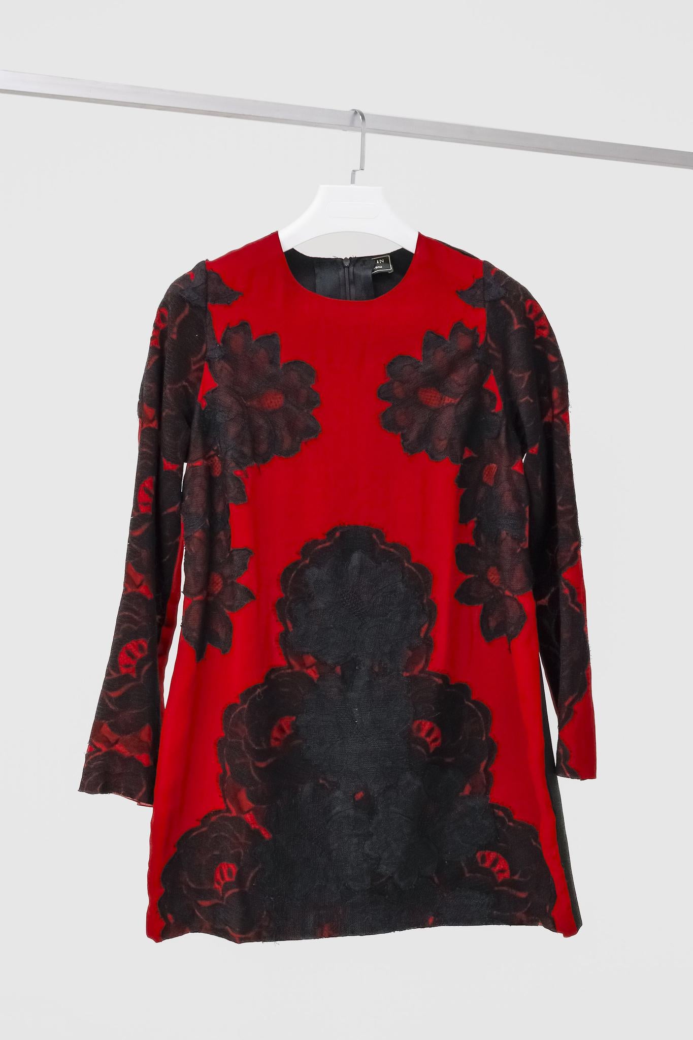 Lanvin Red Floral Lace Applique Sheath Dress