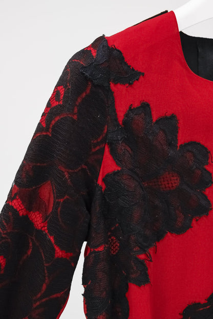 Lanvin Red Floral Lace Applique Sheath Dress