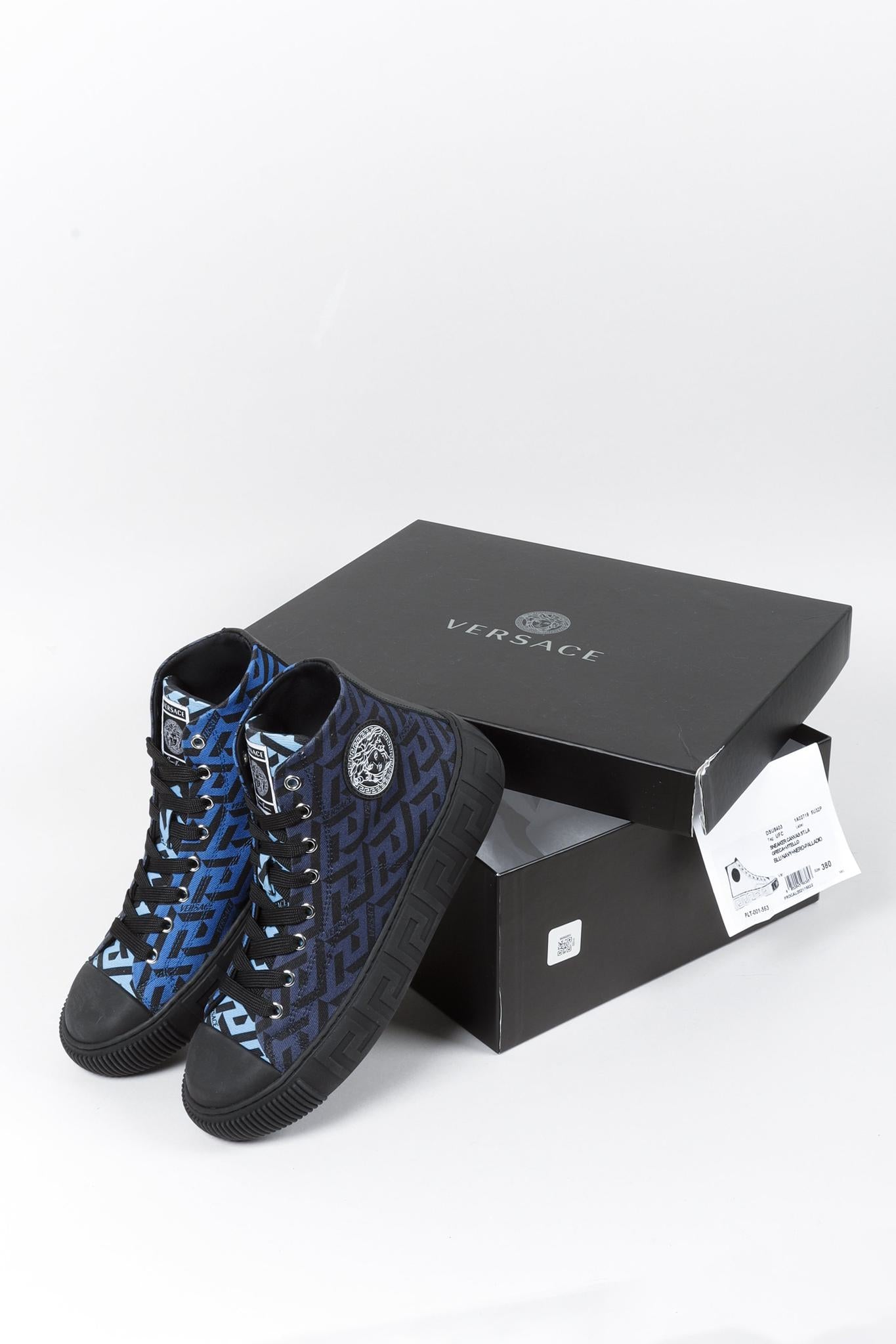 Versace Blue La Greca Canvas High-Top Sneakers