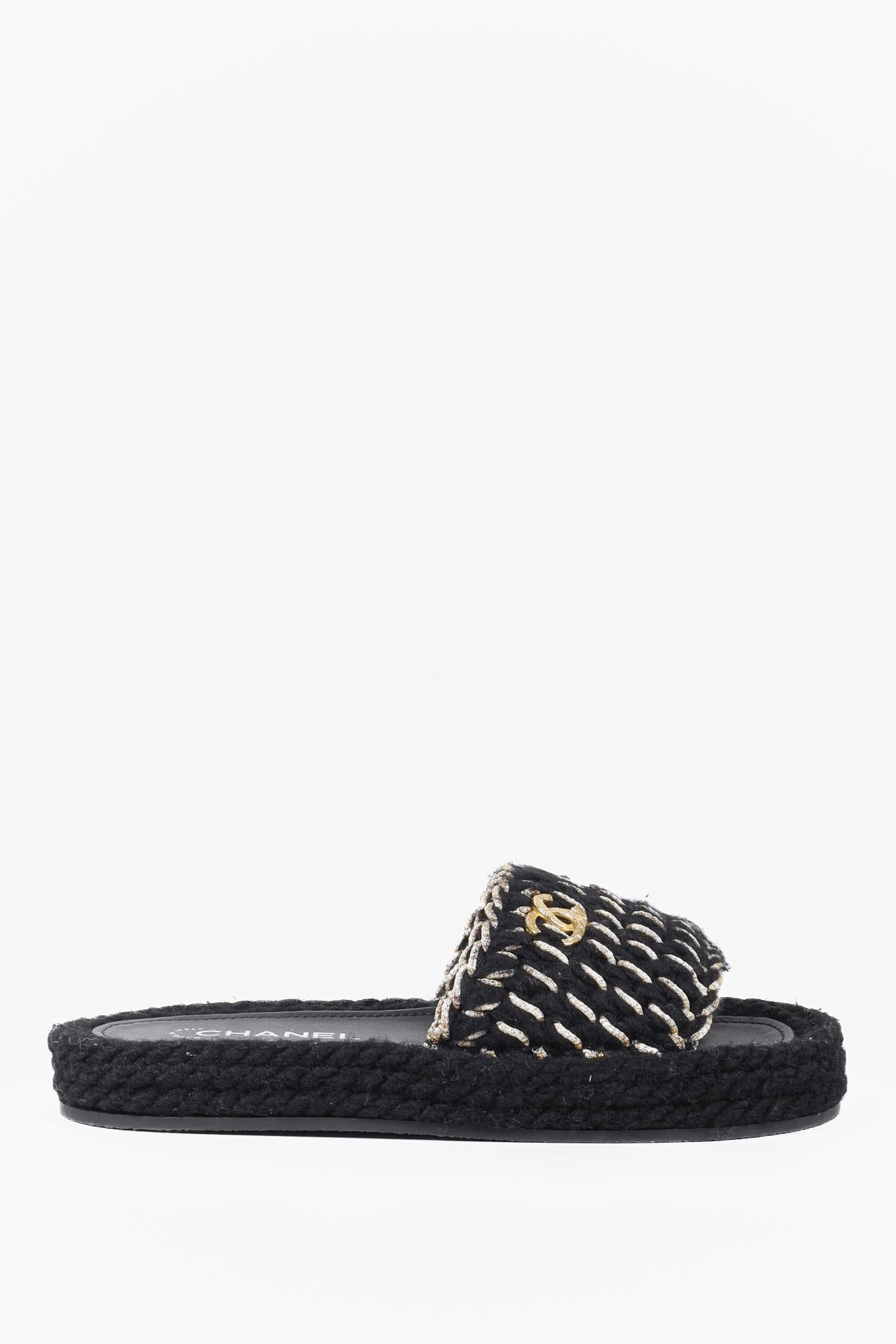 Chanel 2022 CC Black Knit Slide Sandals