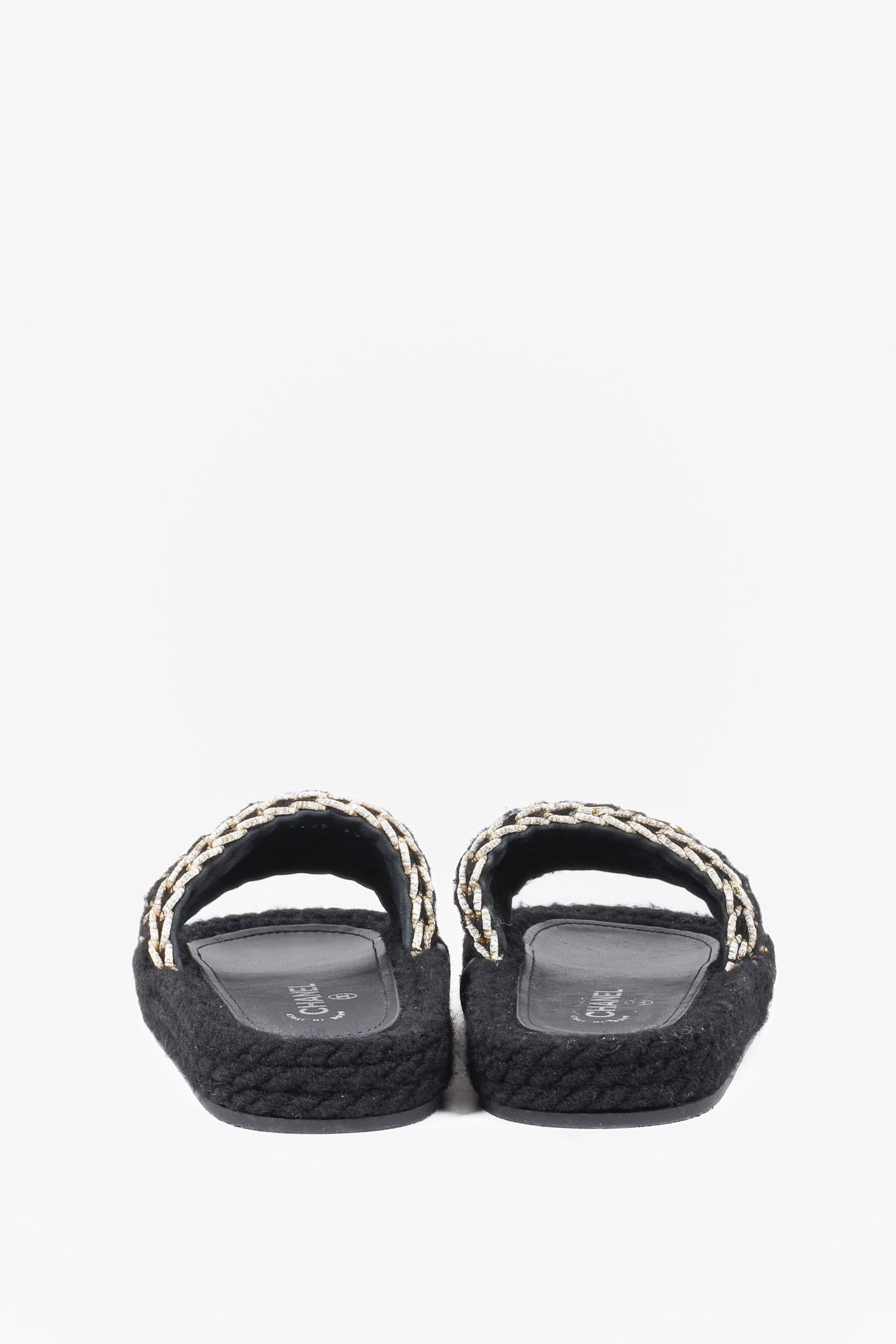 Chanel 2022 CC Black Knit Slide Sandals