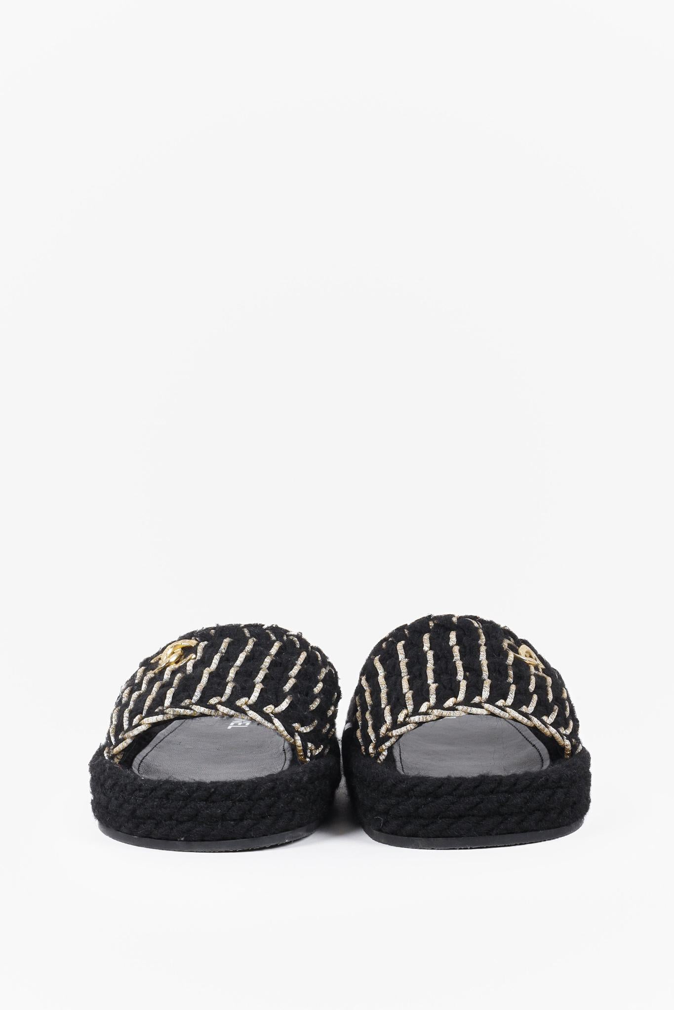 Chanel 2022 CC Black Knit Slide Sandals