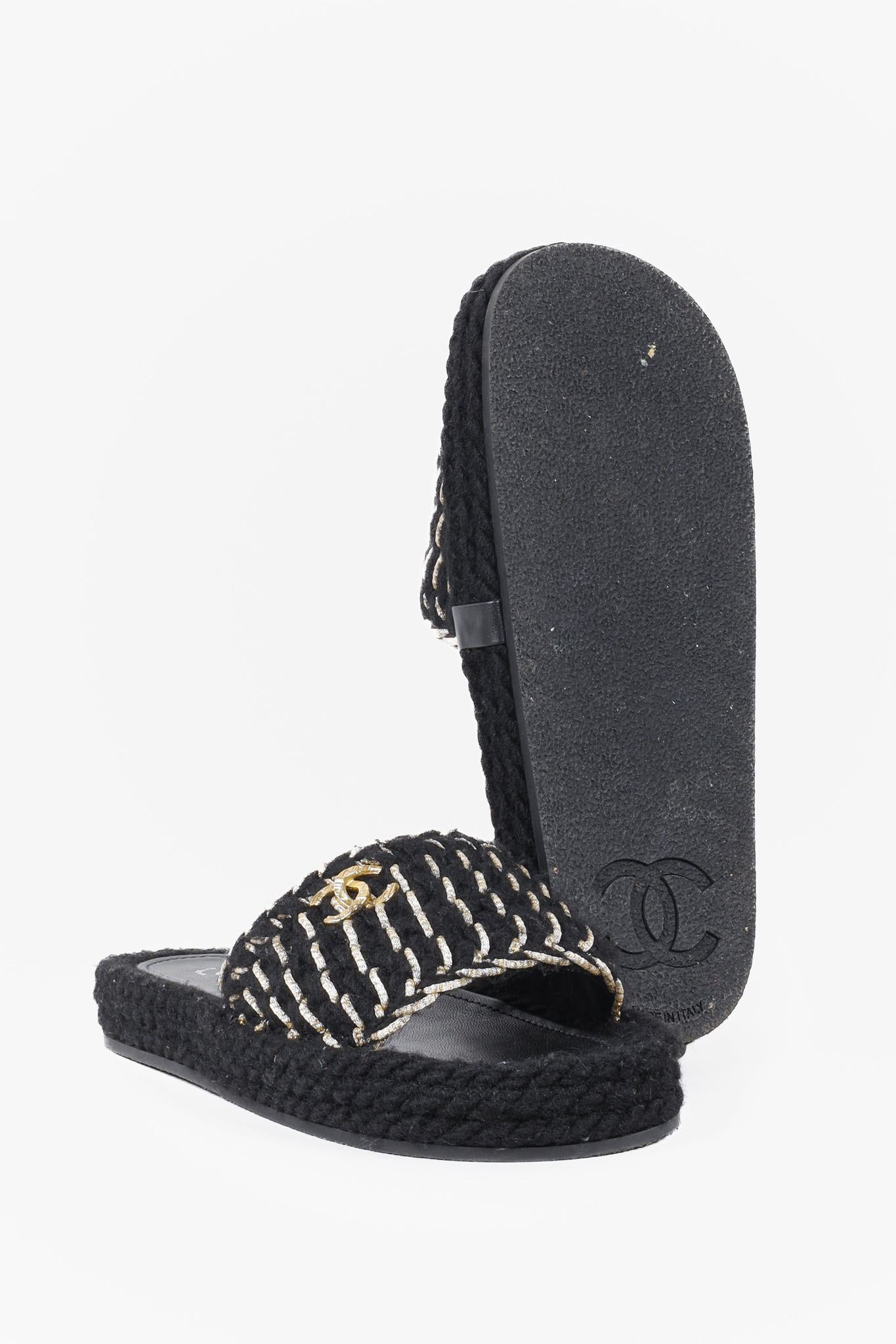 Chanel 2022 CC Black Knit Slide Sandals