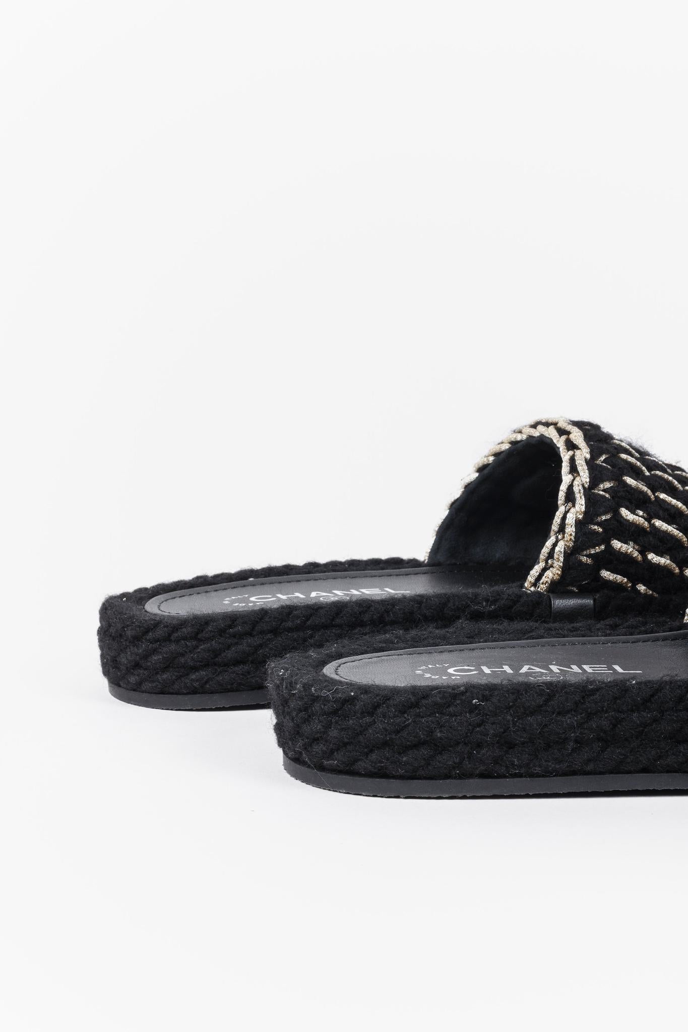 Chanel 2022 CC Black Knit Slide Sandals