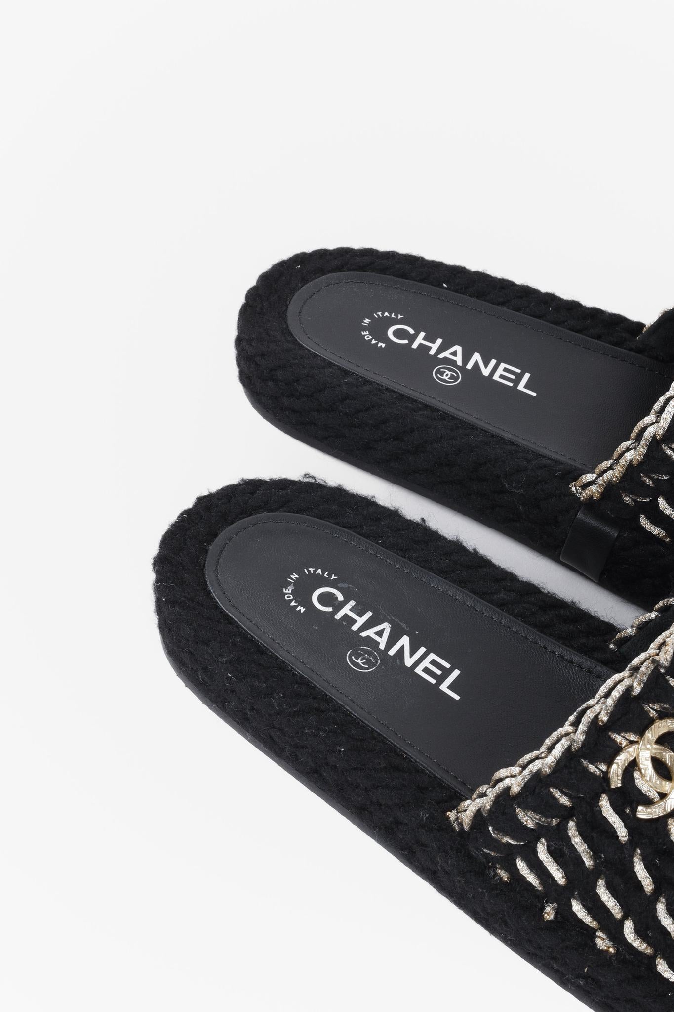 Chanel 2022 CC Black Knit Slide Sandals