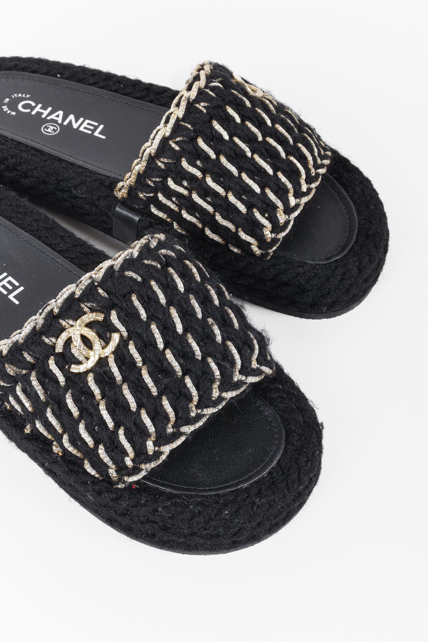 Chanel 2022 CC Black Knit Slide Sandals