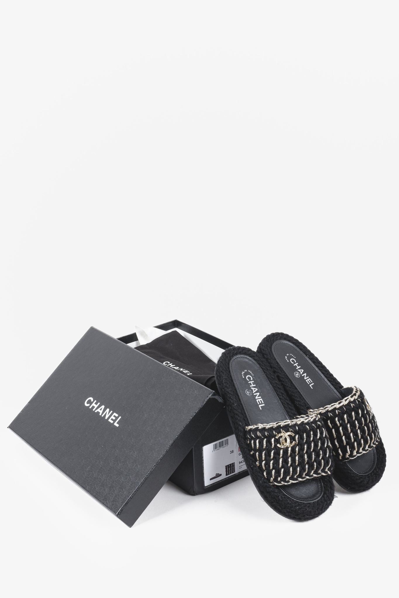 Chanel 2022 CC Black Knit Slide Sandals