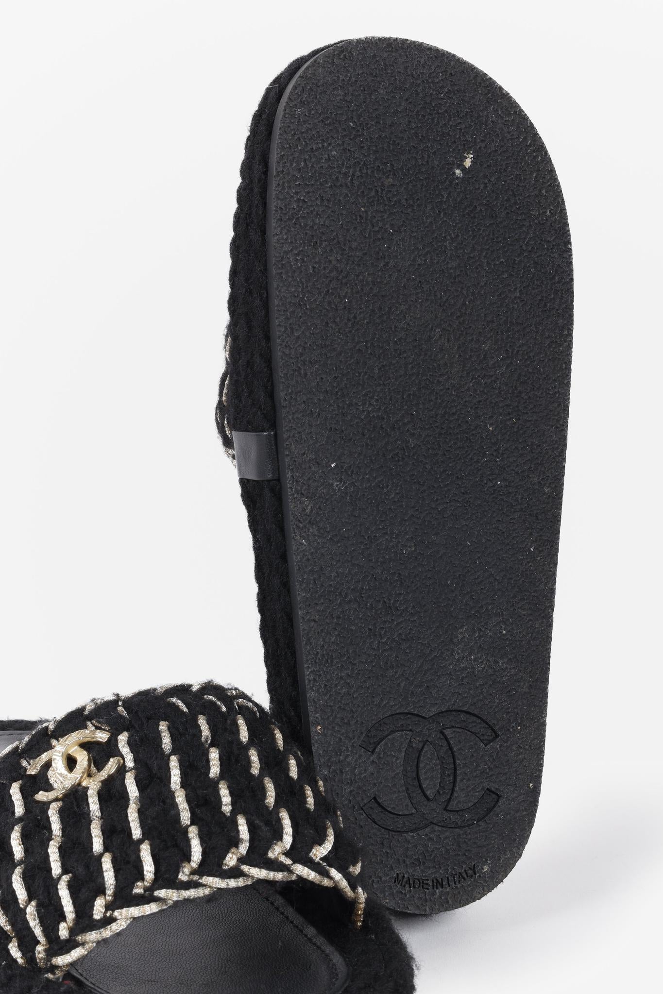 Chanel 2022 CC Black Knit Slide Sandals