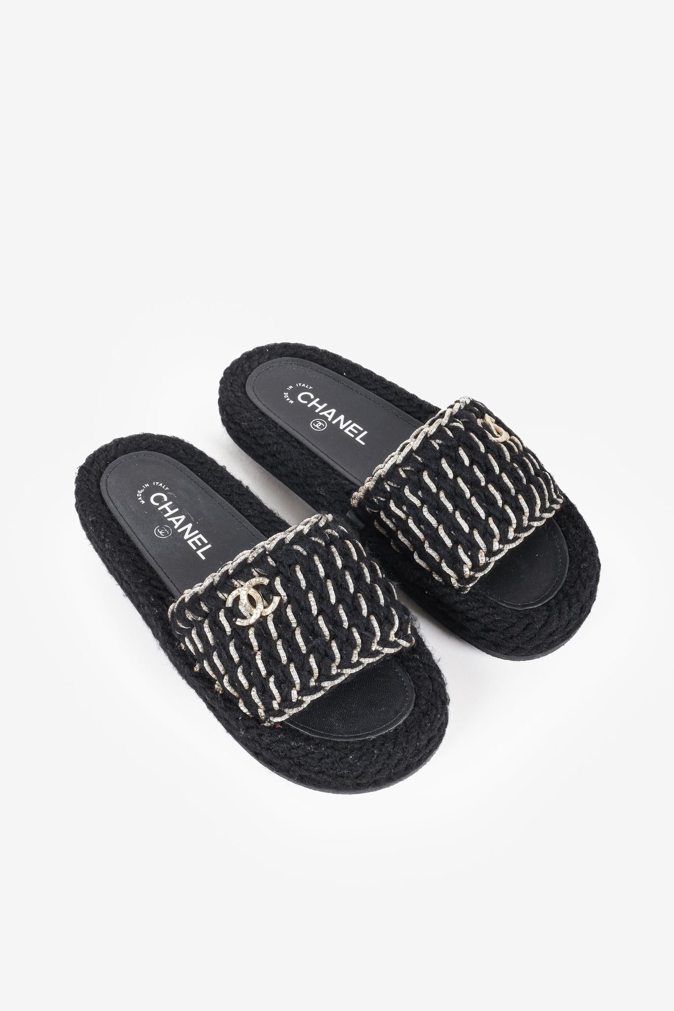 Chanel 2022 CC Black Knit Slide Sandals