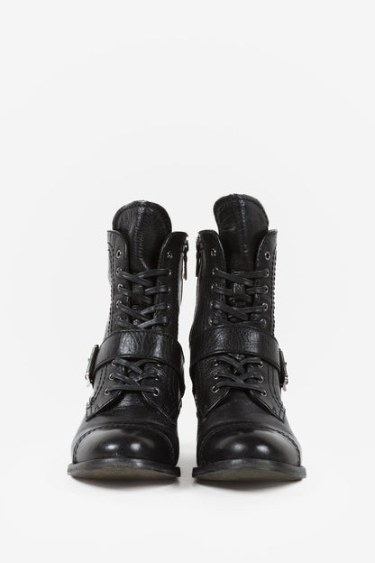 Prada Black Leather Ankle Laced Boot with Buckle