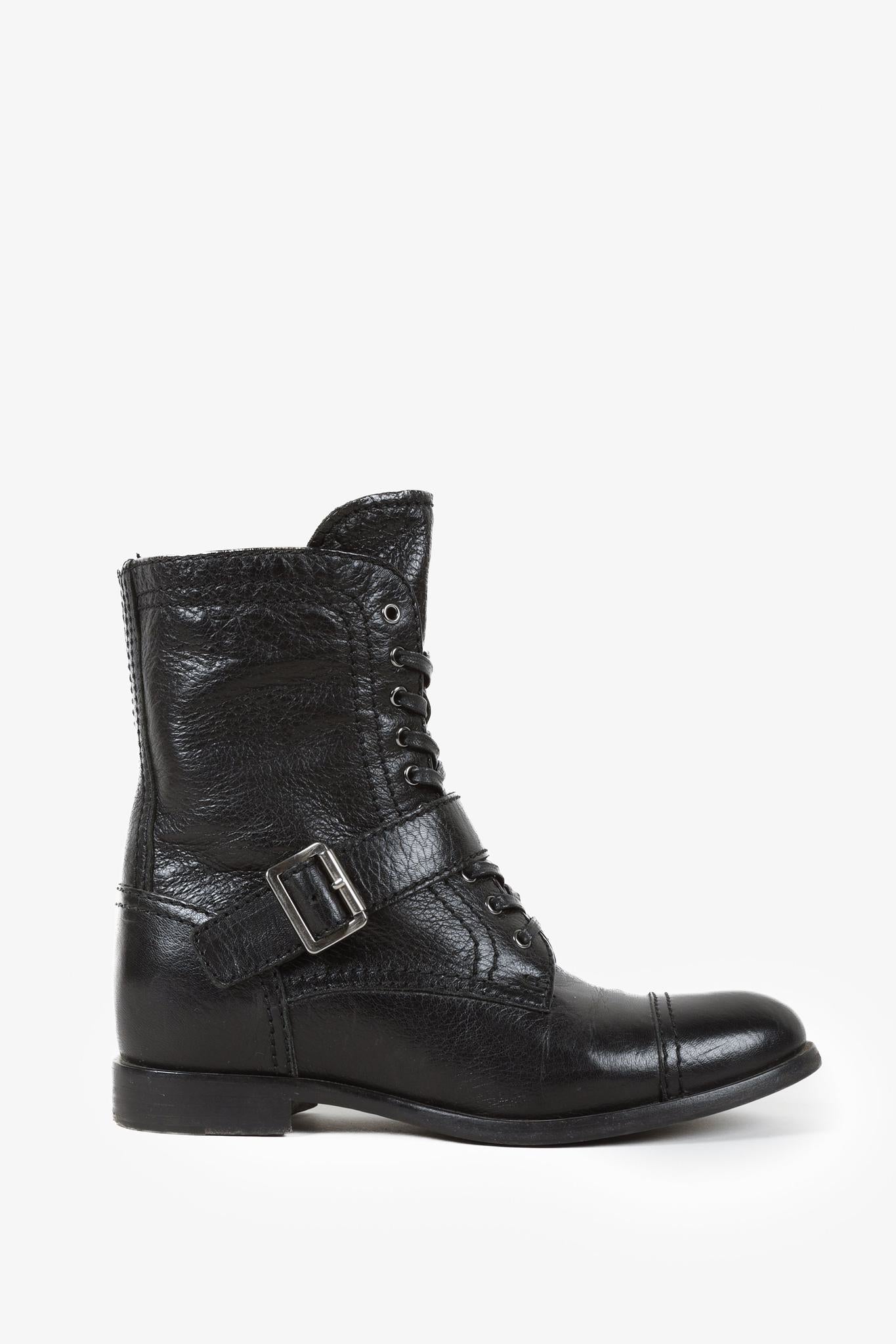 Prada Black Leather Ankle Laced Boot with Buckle