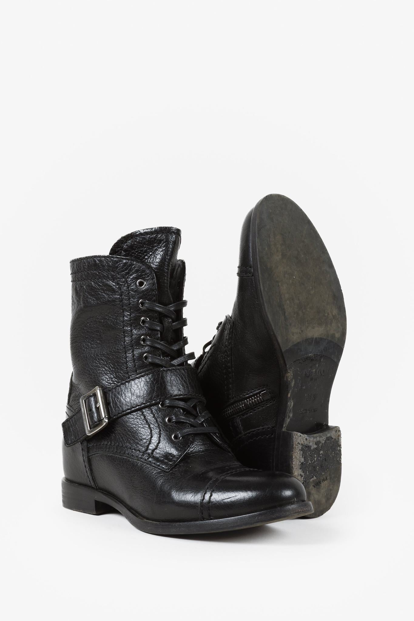 Prada Black Leather Ankle Laced Boot with Buckle