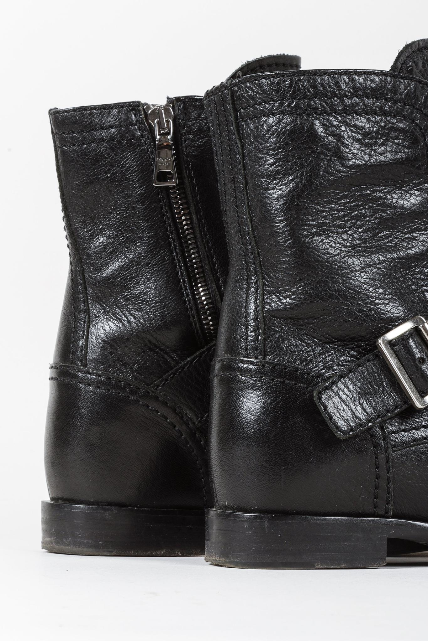 Prada Black Leather Ankle Laced Boot with Buckle