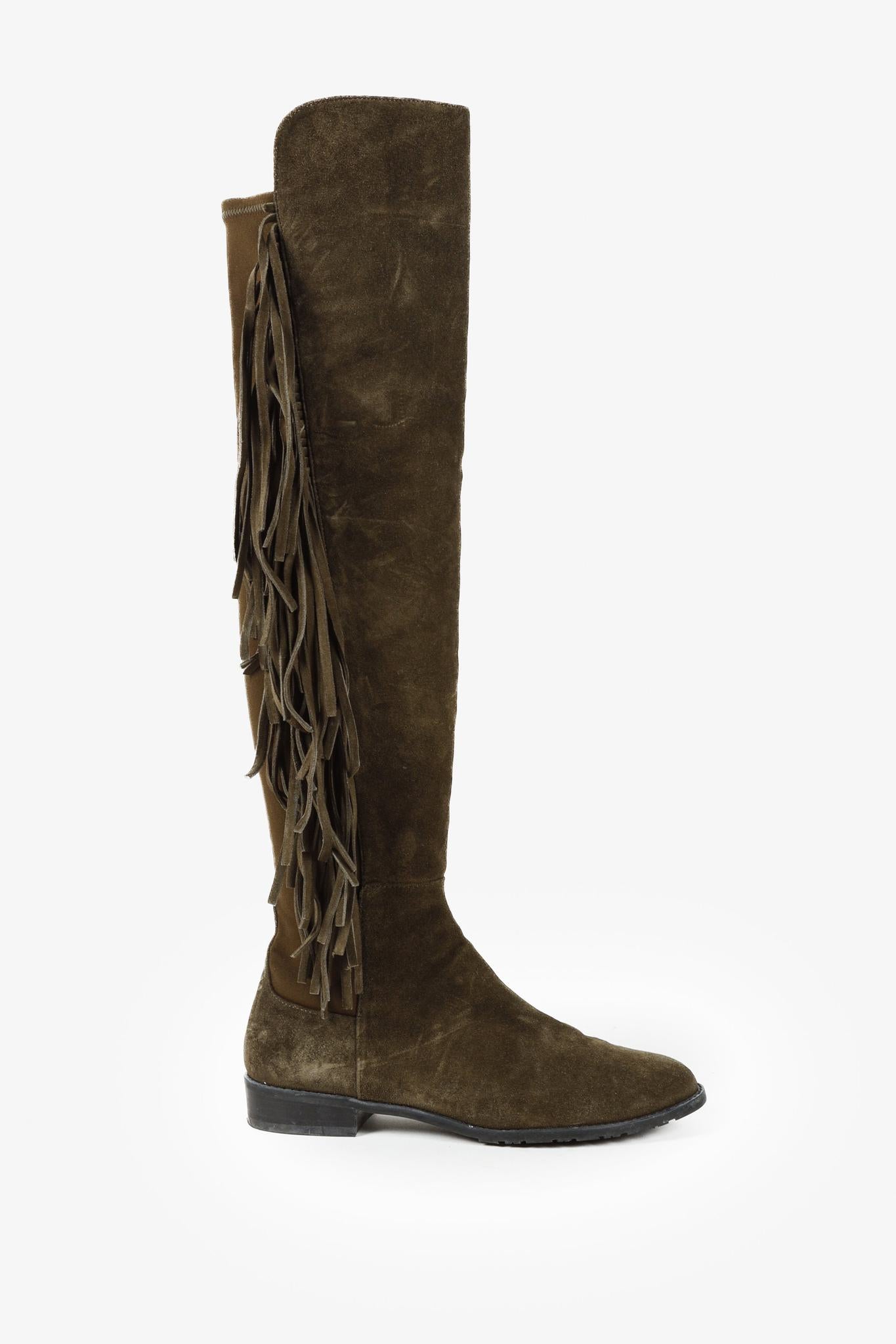 Stuart Weitzman 5050 Mane Fringe Olive Suede Leather OTK Boots